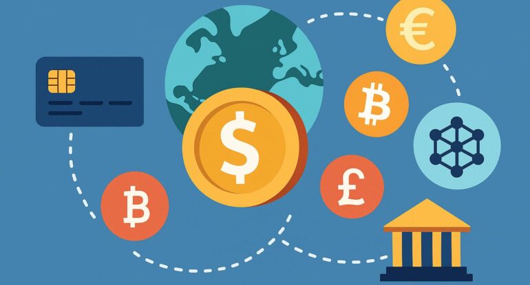 A_2D_digital_illustration_depicts_a_financial_tech ما هي مشاريع Interledger؟