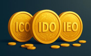 A_2D_digital_illustration_features_three_large,_go الفرق بين ICO وIDO وIEO