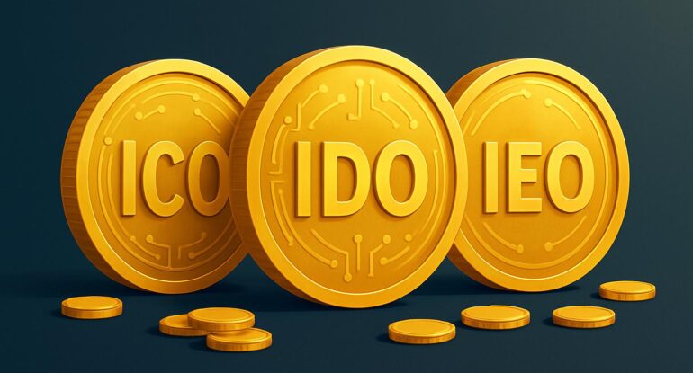 A_2D_digital_illustration_features_three_large,_go الفرق بين ICO وIDO وIEO