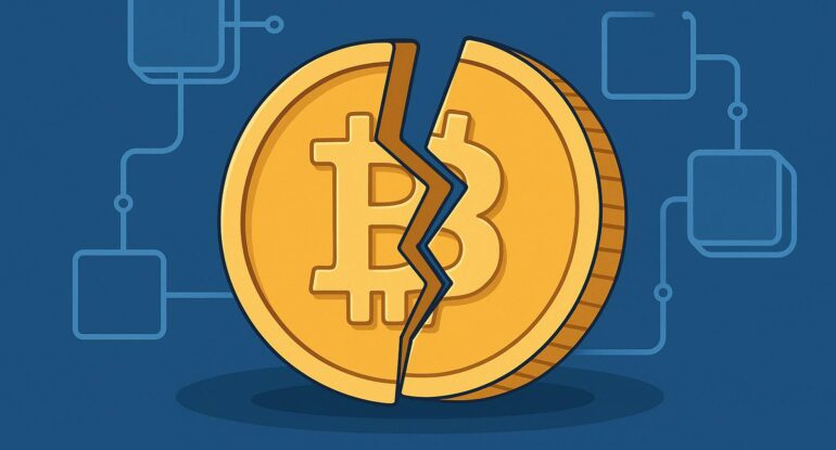 A_flat-style_digital_illustration_depicts_a_split_ ما هو انقسام البلوكشين (Fork)؟