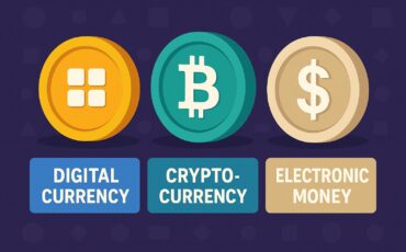 A_flat-style_digital_illustration_visually_disting ما الفرق بين العملات الرقمية والمشفرة والإلكترونية؟