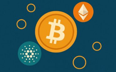 A_flat_digital_illustration_features_cryptocurrenc أشهر رموز العملات الرقمية ومعانيها