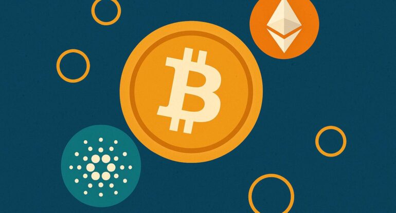 A_flat_digital_illustration_features_cryptocurrenc أشهر رموز العملات الرقمية ومعانيها