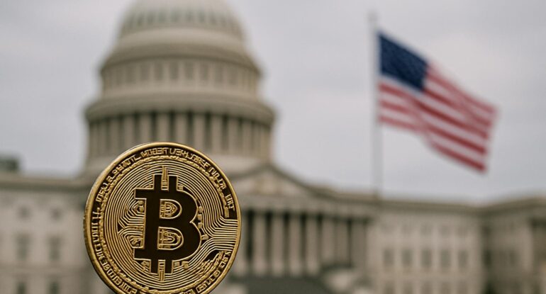 A_photograph_captures_a_gold_Bitcoin_coin_standing مشروع قانون أمريكي جديد لتنظيم الكريبتو