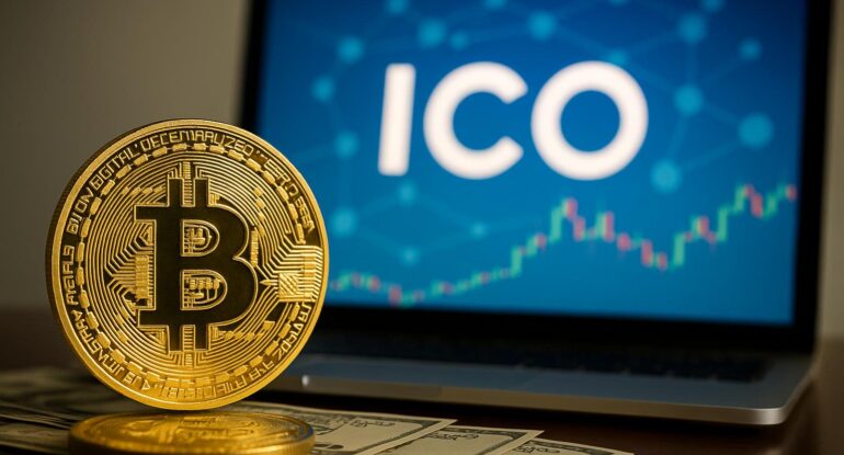 A_digital_photograph_depicts_a_large_golden_Bitcoi ما هو ICO؟