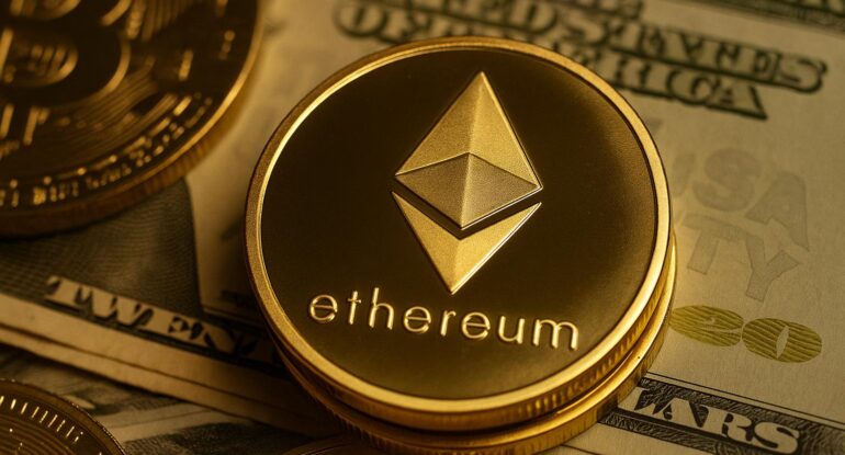 A_digital_photograph_displays_a_gold_Ethereum_coin من هو مبتكر الإيثيريوم؟
