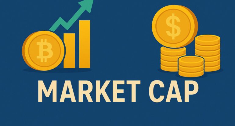 A_flat-style_digital_illustration_on_a_blue_backgr ما هو Market Cap؟ وكيف تقيس به قوة العملة؟